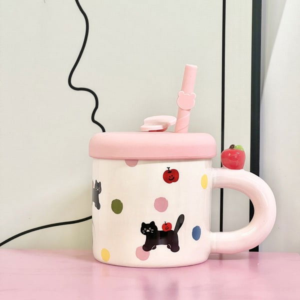 Cana din ceramica cu capac si pai, capacul si paiul din silicon roz, 9x8.5 cm, model cute b, capacitate 380ml [5]