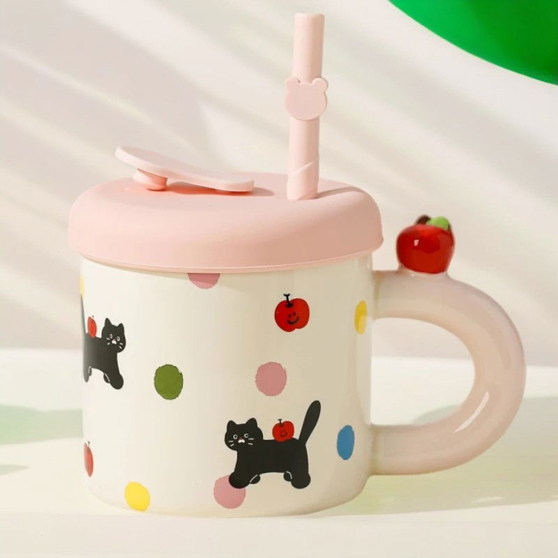 Cana din ceramica cu capac si pai, capacul si paiul din silicon roz, 9x8.5 cm, model cute b, capacitate 380ml [4]