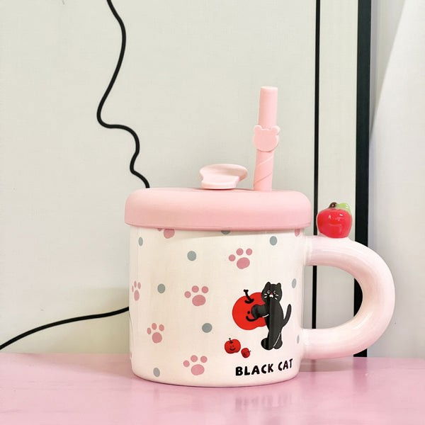 Cana din ceramica cu capac si pai, capacul si paiul din silicon roz, 9x8.5 cm, model cute d, capacitate 380ml [5]