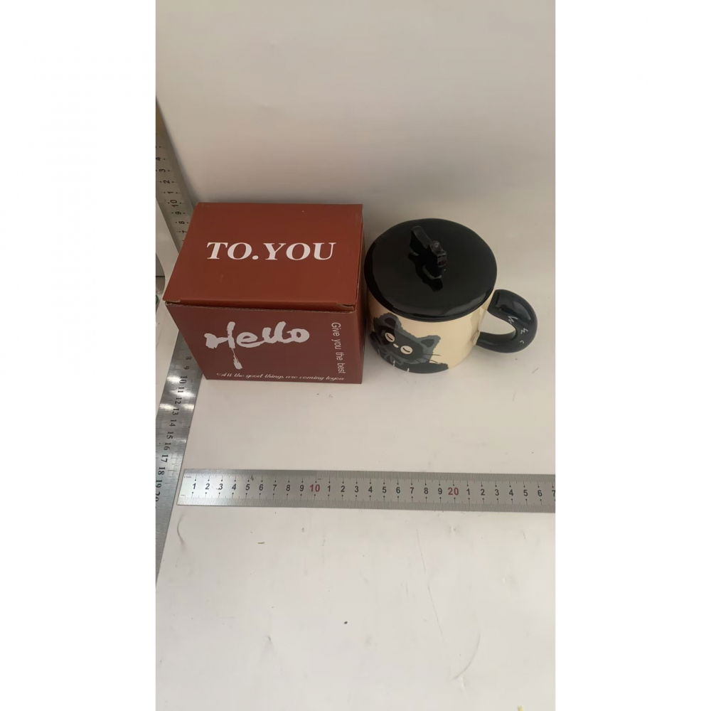 Cana din ceramica, model in cutie pentru cadou, cana pentru ceai, cafea, cana retro design capac cu figurina 3d, 9.5 x 8 x 8 cm, 360 ml, bej, print pisica albastru negru [4]