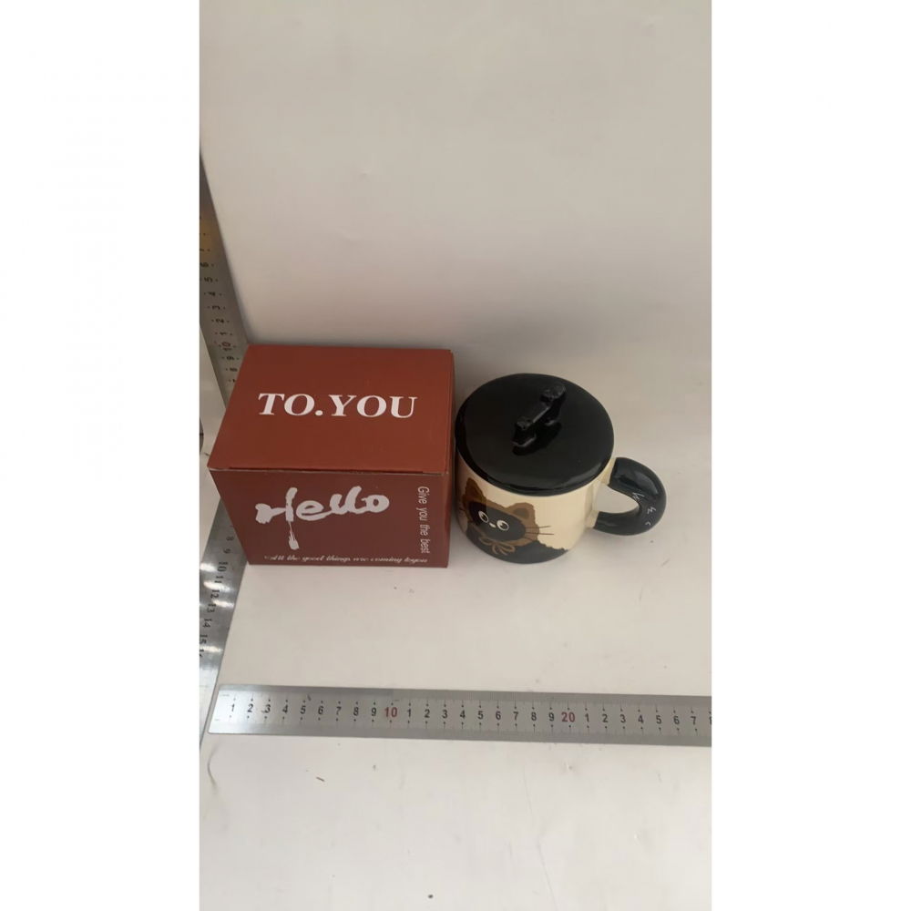 Cana din ceramica, model in cutie pentru cadou, cana pentru ceai, cafea, cana retro design capac cu figurina 3d, 9.5 x 8 x 8 cm, 360 ml, bej, print pisica maro negru [5]