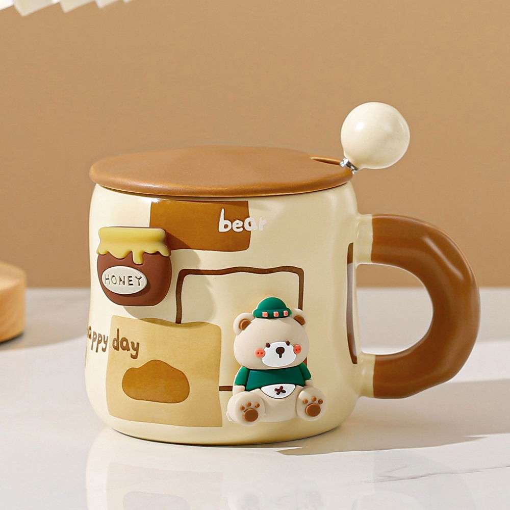 Cana din ceramica, model urs pentru baieti, cana universala, cana pentru ceai, cana cu lingura metalica si capac, 9.6 x  9.5 x 9.5 cm, 400 ml bej [2]