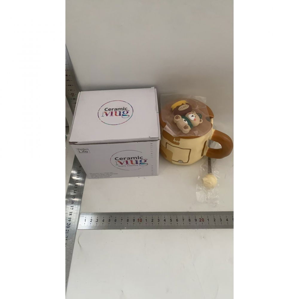 Cana din ceramica, model urs pentru baieti, cana universala, cana pentru ceai, cana cu lingura metalica si capac, 9.6 x  9.5 x 9.5 cm, 400 ml bej [4]