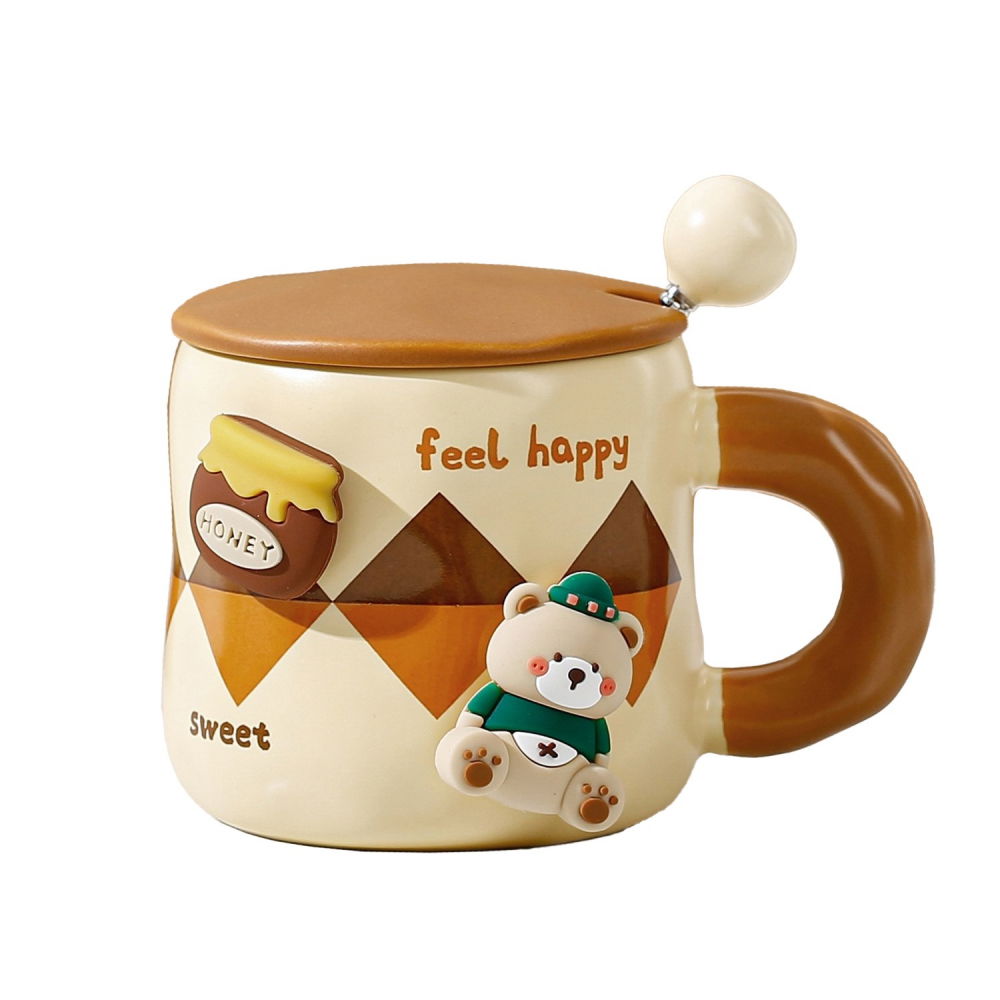 Cana din ceramica, model urs pentru baieti, cana universala, cana pentru ceai, cana cu lingura metalica si capac, 9.6 x 9.5 x 9.5 cm, 400 ml crem [1]