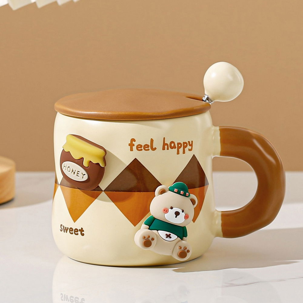 Cana din ceramica, model urs pentru baieti, cana universala, cana pentru ceai, cana cu lingura metalica si capac, 9.6 x 9.5 x 9.5 cm, 400 ml crem [2]