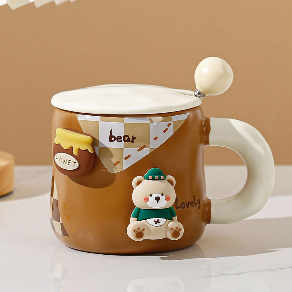 Cana din ceramica, model urs pentru baieti, cana universala, cana pentru ceai, cana cu lingura metalica si capac, 9.6 x 9.5 x 9.5 cm, 400 ml maro [2]