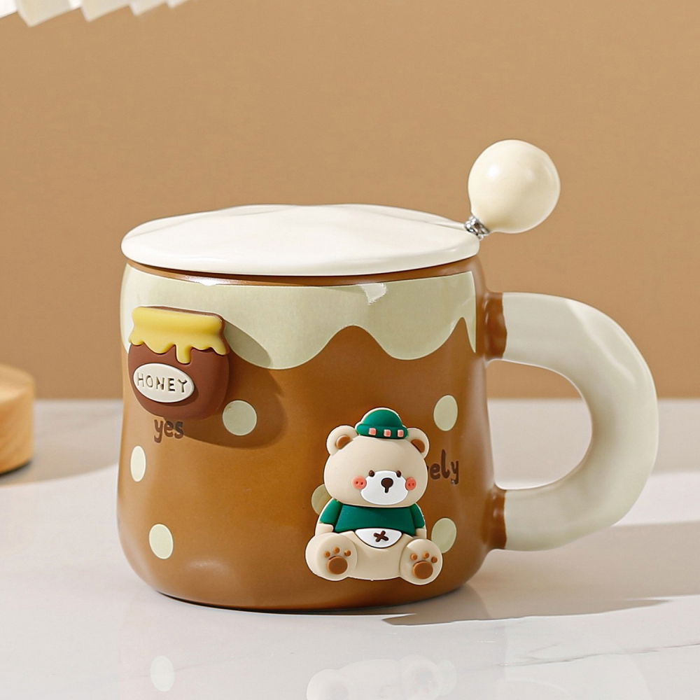 Cana din ceramica, model urs pentru baieti, cana universala, cana pentru ceai, cana cu lingura metalica si capac, 9.6 x  9.5 x 9.5 cm, 400 ml maro inchis [2]