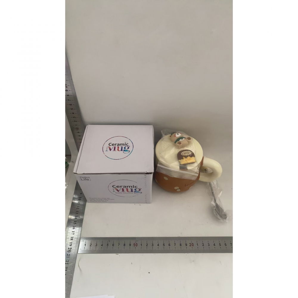 Cana din ceramica, model urs pentru baieti, cana universala, cana pentru ceai, cana cu lingura metalica si capac, 9.6 x  9.5 x 9.5 cm, 400 ml maro inchis [3]