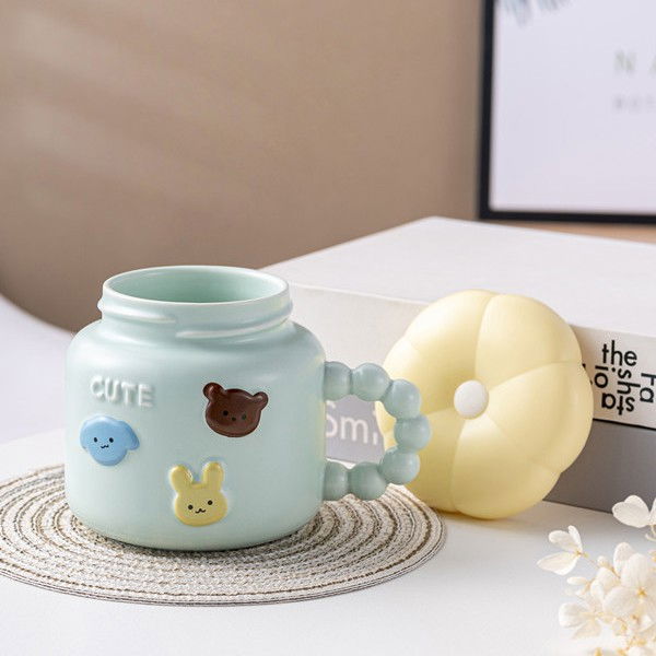 Cana pentru copii, din portelan, print figurine animalute, model cute, cana cu capac, ceasca pentru cafea, ceai, 400ml albastru deschis [4]