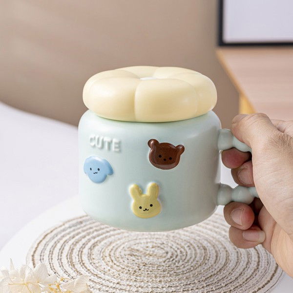 Cana pentru copii, din portelan, print figurine animalute, model cute, cana cu capac, ceasca pentru cafea, ceai, 400ml albastru deschis [3]