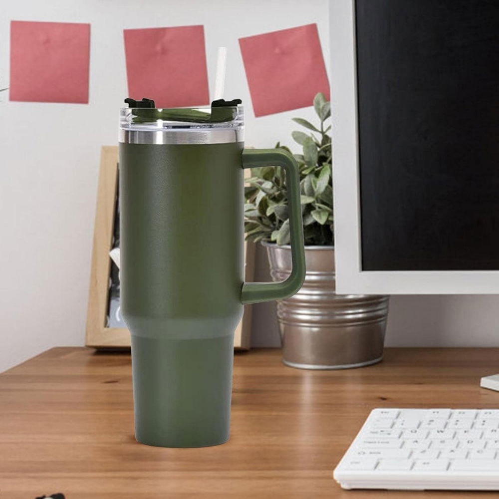 Cana termos din plastic, pentru bauturi calde si reci, cu maner, 9.9x9.9x27 cm, verde army [6]