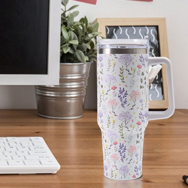 Cana termos din plastic, pentru bauturi calde si reci, cu maner, imprimeu floral,  alb, 10x7.6x27.5 cm [5]