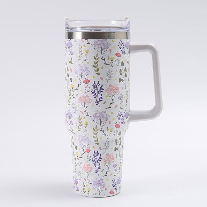 Cana termos din plastic, pentru bauturi calde si reci, cu maner, imprimeu floral,  alb, 10x7.6x27.5 cm [6]