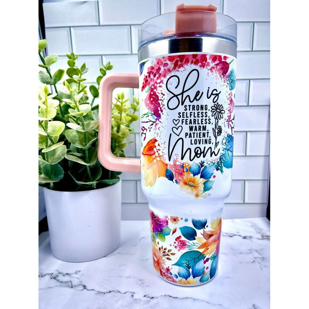Cana termos din plastic, pentru bauturi calde si reci, cu maner, imprimeu floral, cu mesaj pentru mama, alb, 10x7.6x27.5 cm [3]