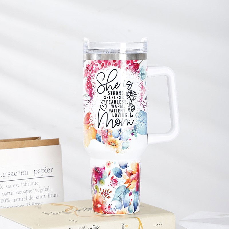 Cana termos din plastic, pentru bauturi calde si reci, cu maner, imprimeu floral, cu mesaj pentru mama, alb, 10x7.6x27.5 cm [8]