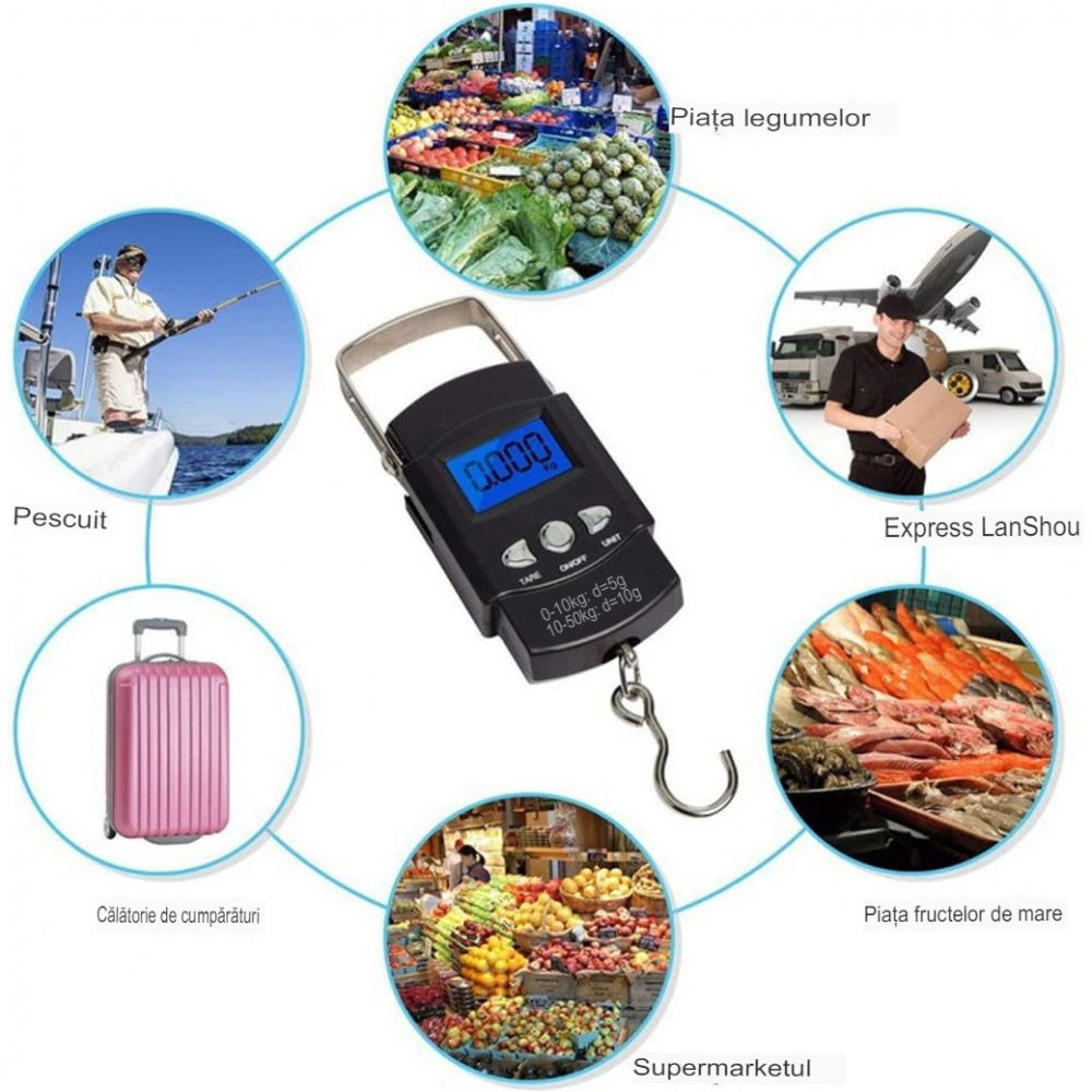 Cantar digital de mana cu carlig, cantar portabil, pescuit, cu maner, capacitate 50 kg, cu metru incorporat, 20.5 x 6 x 2.5 cm, negru [7]