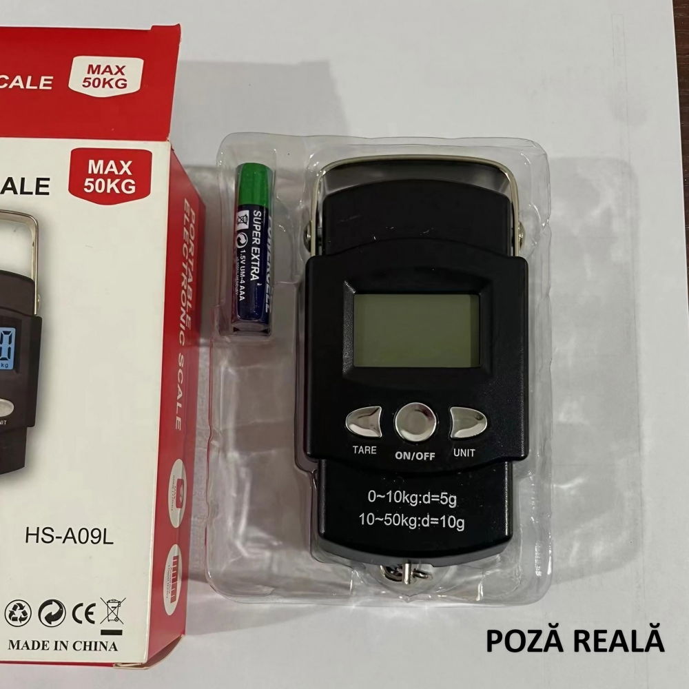 Cantar digital de mana cu carlig, cantar portabil, pescuit, cu maner, capacitate 50 kg, cu metru incorporat, 20.5 x 6 x 2.5 cm, negru [10]