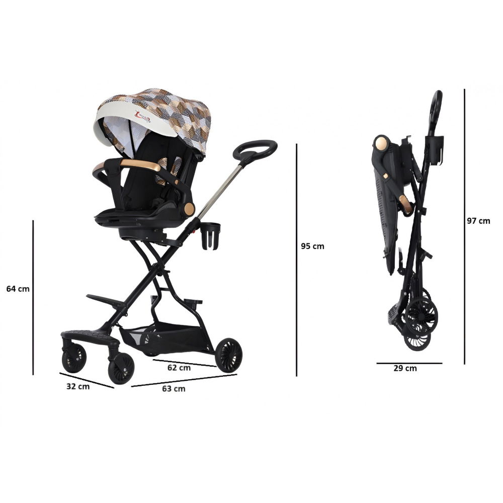 Carucior sport  3in1, 6-36 luni, reversibil, pliabil, tavita pentru masa, pozitie de somn, centura de siguranta, roti 360, suport pahar, copertina pentru soare, 32x63x95cm, maro model carouri [7]