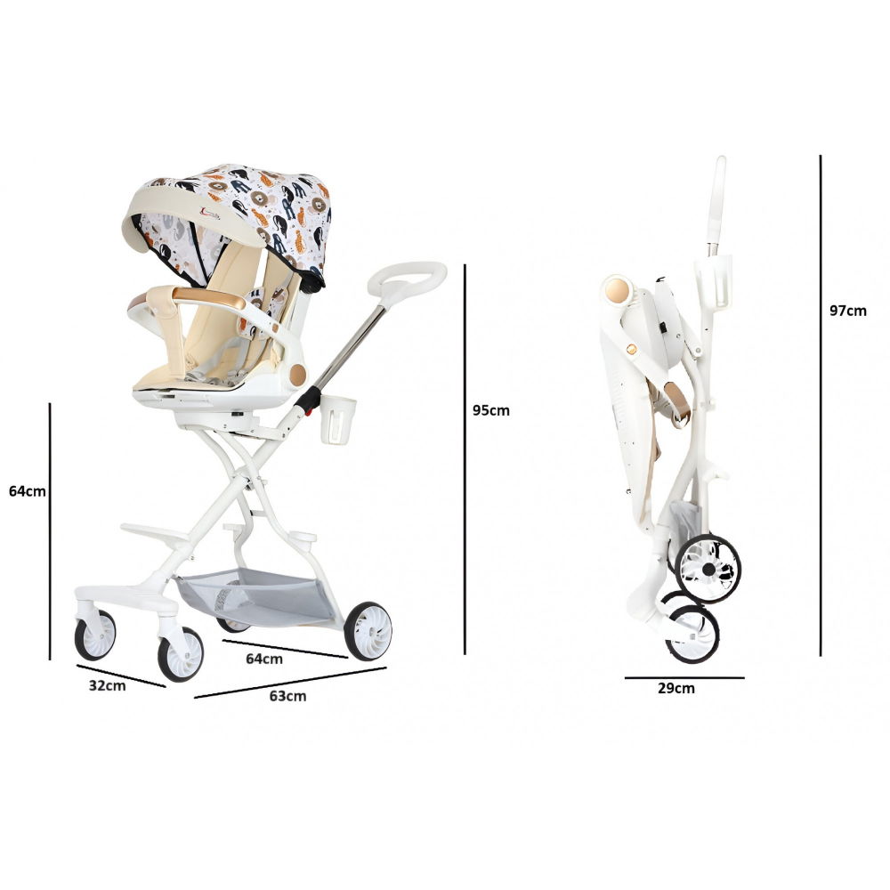 Carucior sport  3in1, 6-36 luni, reversibil, pliabil, tavita pentru masa, pozitie de somn, centura de siguranta, roti 360, suport pahar, copertina pentru soare, 32x63x95cm, crem model jungla [9]