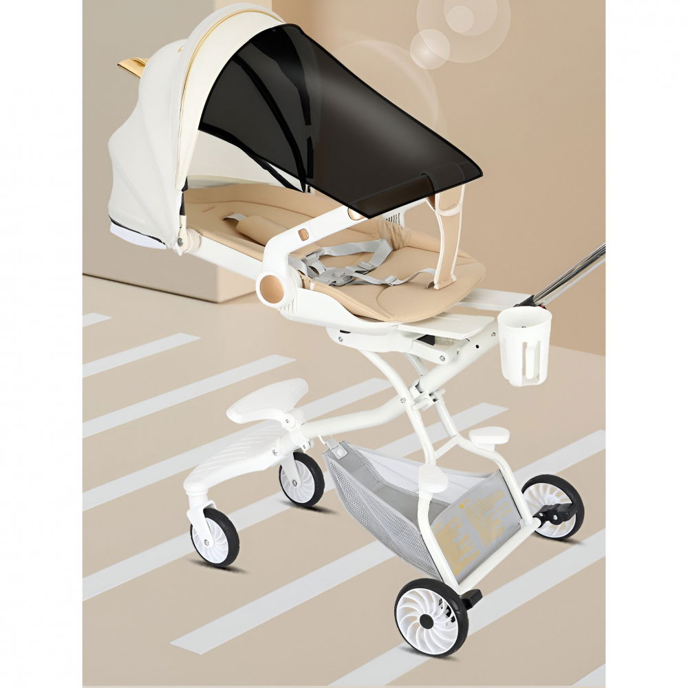 Carucior sport  3in1, 6-36 luni, reversibil, pliabil, tavita pentru masa, pozitie de somn, centura de siguranta, roti 360, suport pahar, copertina pentru soare, 33x66x85cm, alb model pisica [7]