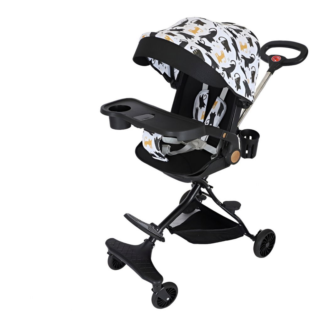 Carucior sport  3in1, 6-36 luni, reversibil, pliabil, tavita pentru masa, pozitie de somn, centura de siguranta, roti 360, suport pahar, copertina pentru soare, 32x63x95cm, negru model pisicute [1]