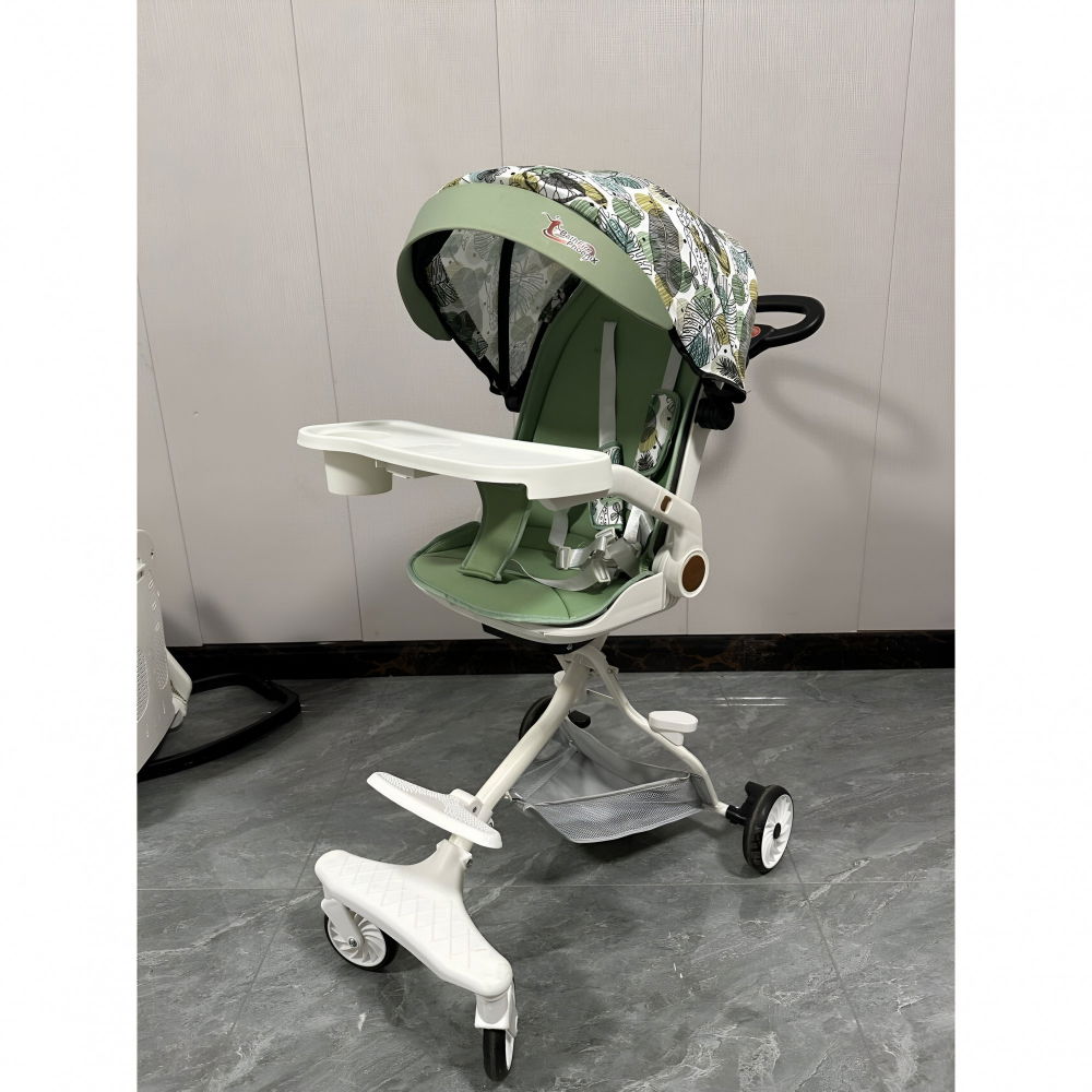 Carucior sport  3in1, 6-36 luni, reversibil, pliabil, tavita pentru masa, pozitie de somn, centura de siguranta, roti 360, suport pahar, copertina pentru soare, 32x63x95cm, verde model frunze [6]