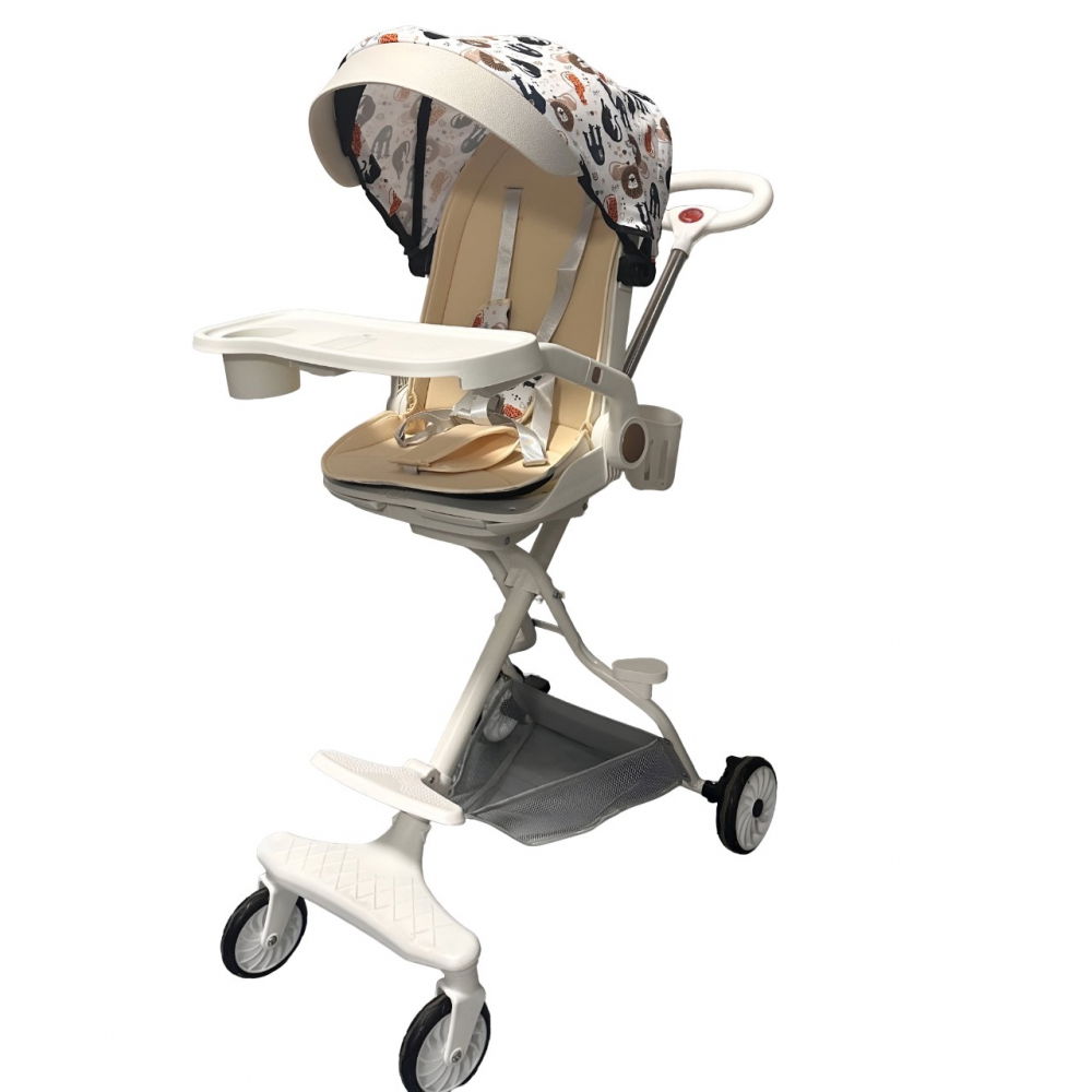 Carucior sport  3in1, 6-36 luni, reversibil, pliabil, tavita pentru masa, pozitie de somn, centura de siguranta, roti 360, suport pahar, copertina pentru soare, 32x63x95cm, crem model jungla [1]