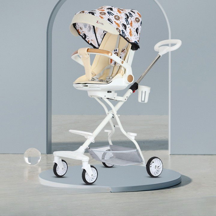 Carucior sport  3in1, 6-36 luni, reversibil, pliabil, tavita pentru masa, pozitie de somn, centura de siguranta, roti 360, suport pahar, copertina pentru soare, 32x63x95cm, crem model jungla [2]