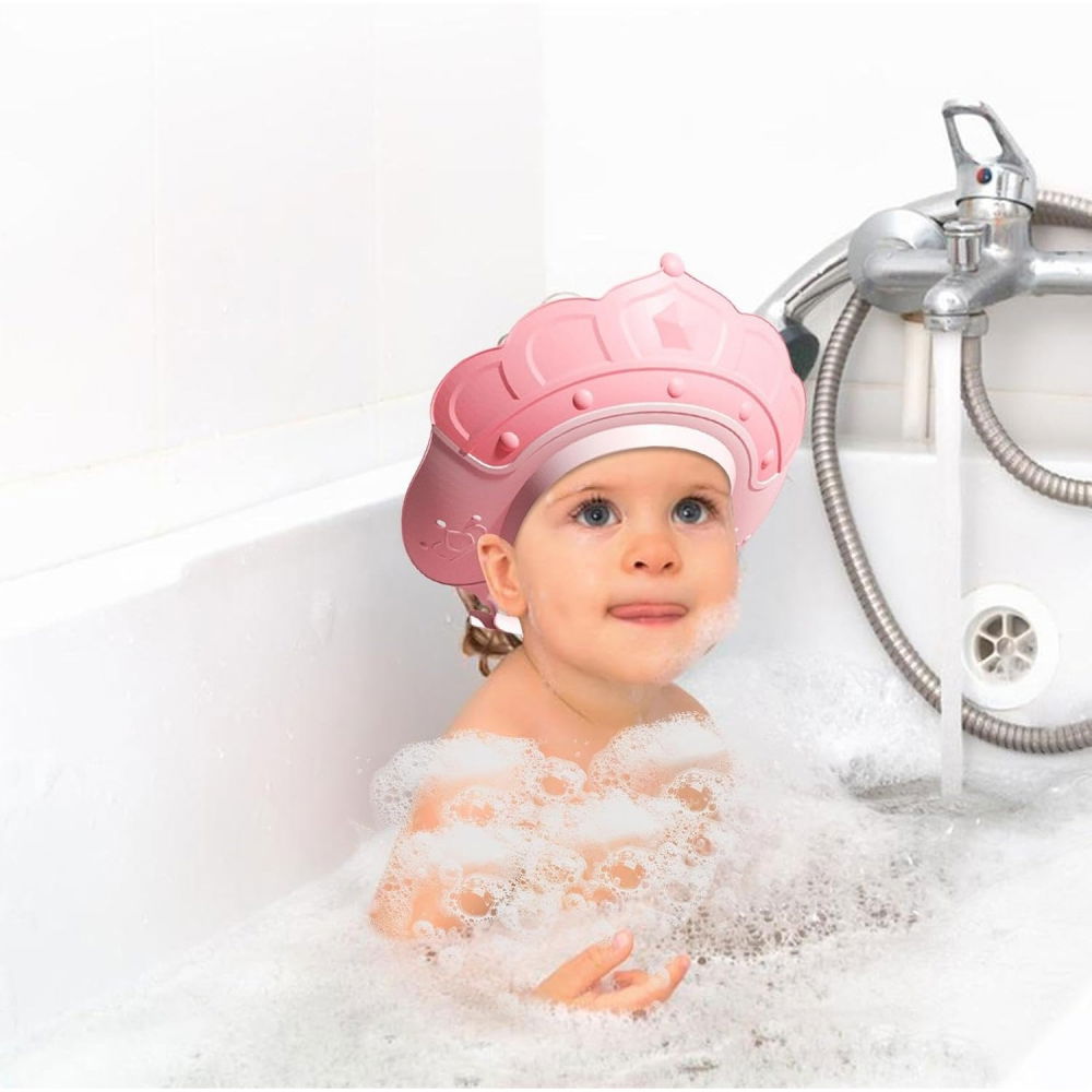 Casca de dus, previne scurgerea apei si samponului pe fata, 0-12 ani, ajustabila, din tpe+pp, 20 x 23 cm, model coroana, roz [2]