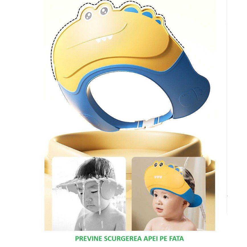 Casca de dus, previne scurgerea apei si samponului pe fata, 0-12 ani, ajustabila, din tpe+pp, 20 x 23 cm, model crocodil, galben/albastru [6]