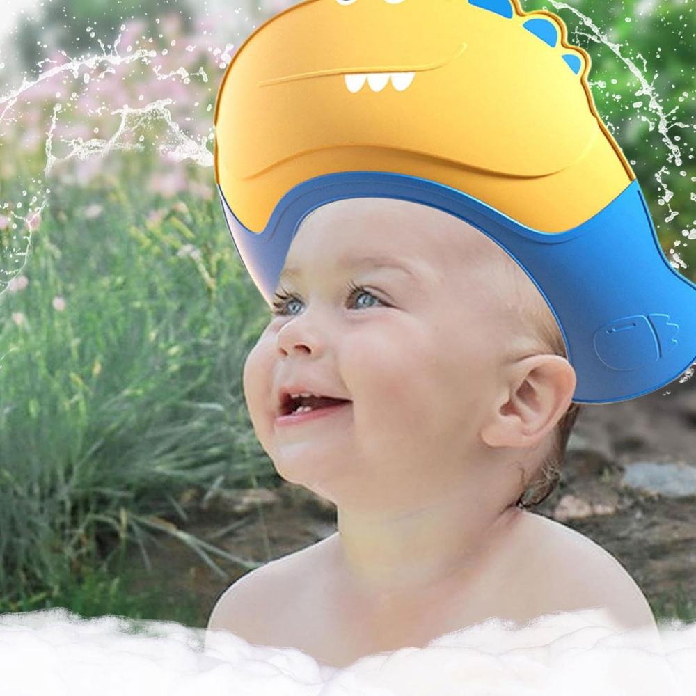 Casca de dus, previne scurgerea apei si samponului pe fata, 0-12 ani, ajustabila, din tpe+pp, 20 x 23 cm, model crocodil, galben/albastru [2]