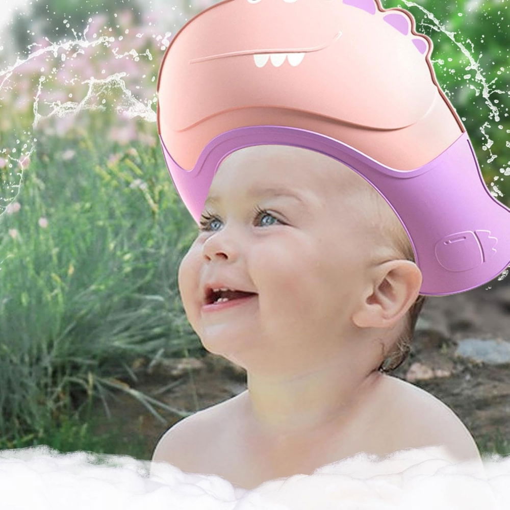 Casca de dus, previne scurgerea apei si samponului pe fata, 0-12 ani, ajustabila, din tpe+pp, 20 x 23 cm, model crocodil, roz/mov [4]