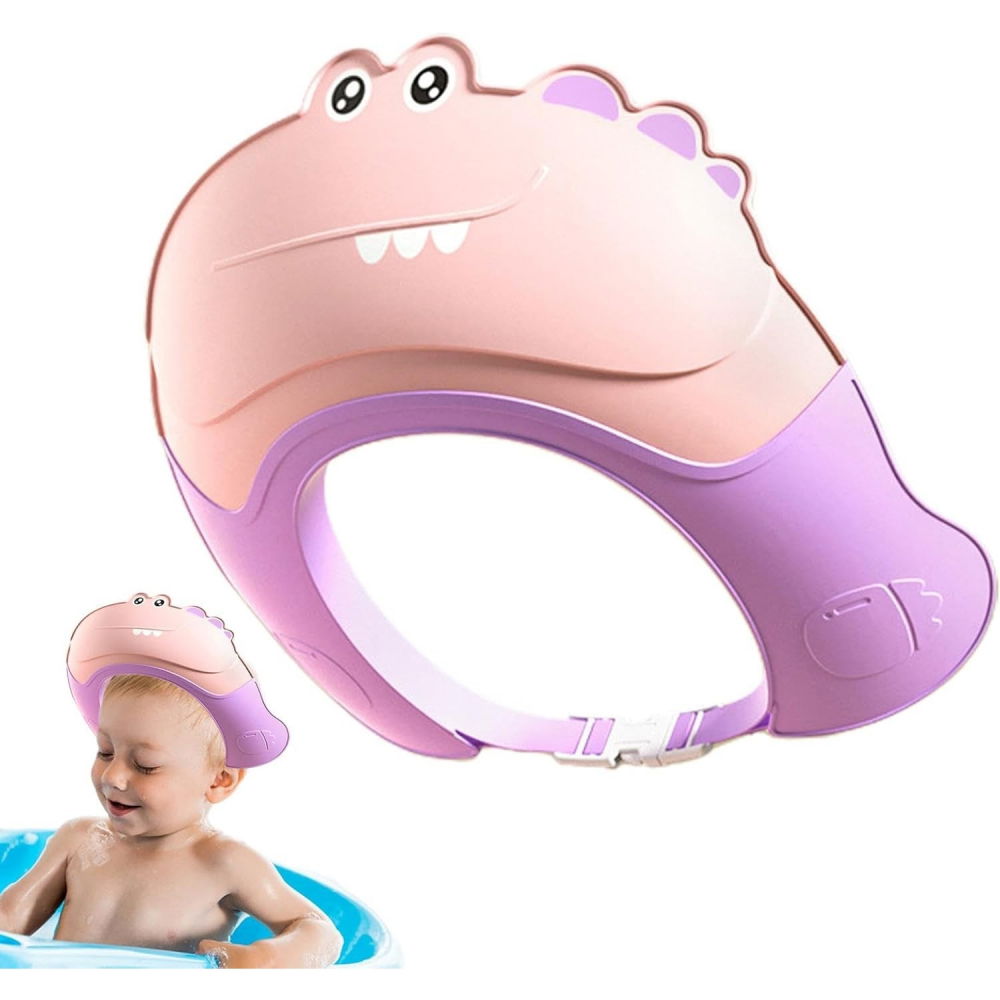 Casca de dus, previne scurgerea apei si samponului pe fata, 0-12 ani, ajustabila, din tpe+pp, 20 x 23 cm, model crocodil, roz/mov [3]