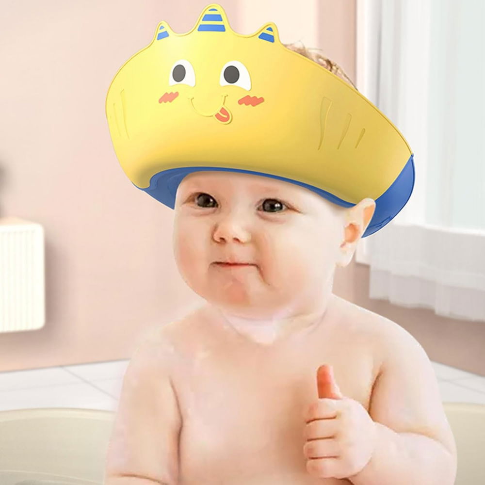 Casca de dus, previne scurgerea apei si samponului pe fata, 0-12 ani, ajustabila, din tpe+pp, 20 x 23 cm, model unicorn, galben/albastru [4]