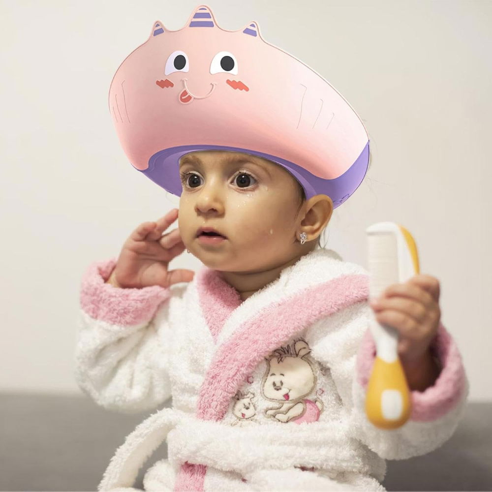 Casca de dus, previne scurgerea apei si samponului pe fata, 0-12 ani, ajustabila, din tpe+pp, 20 x 23 cm, model unicorn, roz/mov [3]