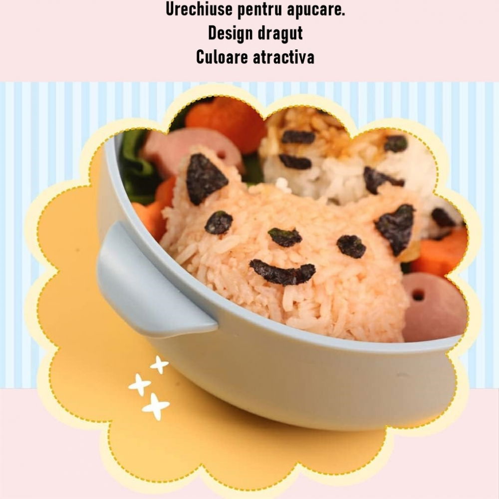 Caserola pentru copii  lunch box, 750 ml, doua boluri, lingura, foarfeca din plastic, rezistenta la scurgeri, albastra [4]