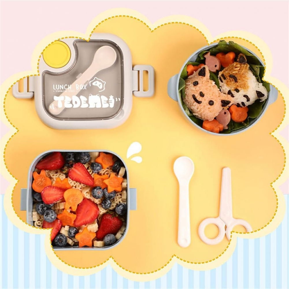 Caserola pentru copii  lunch box, 750 ml, doua boluri, lingura, foarfeca din plastic, rezistenta la scurgeri, albastra [8]
