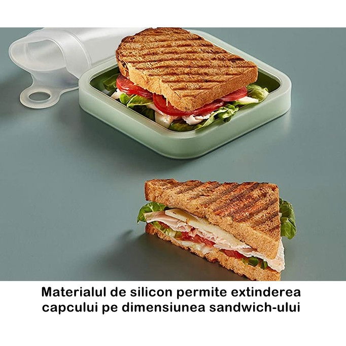 Caserola pentru sandwich  din silicon si polipropilena, portabil, usor de curatat, capac anti-scurgere, reutilizabil, 15.5 x 15.5 x 2.5 cm, verde [5]
