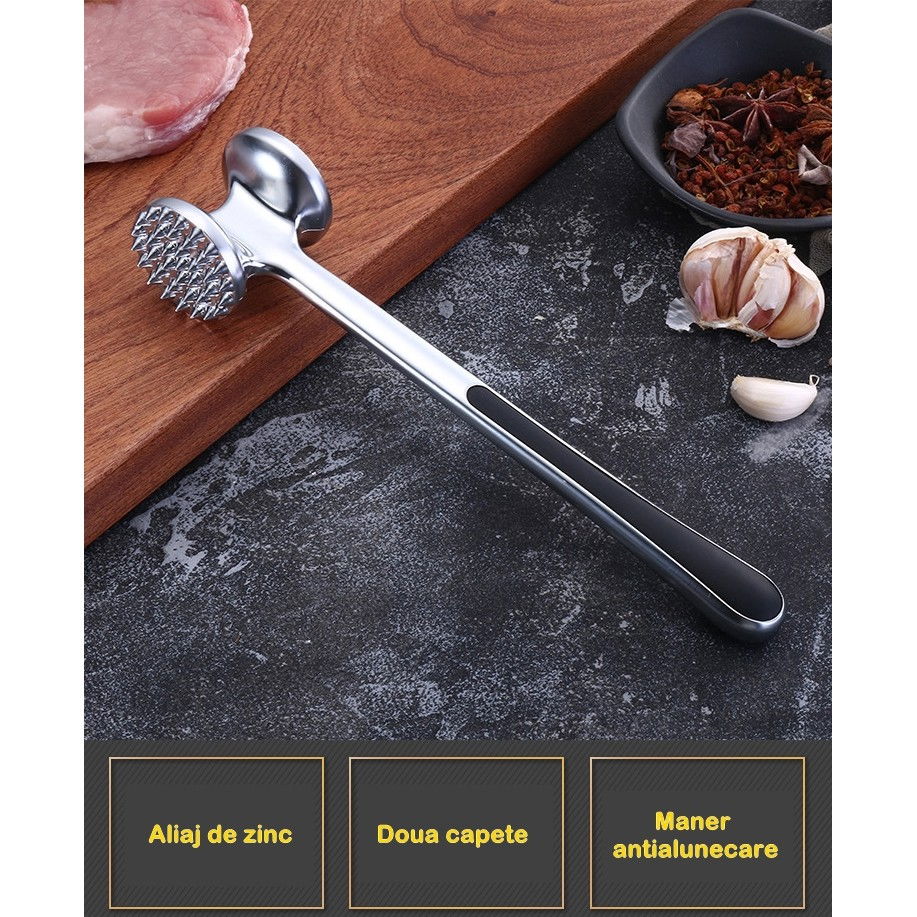Ciocan pentru snitele si carne  din aliaj de zinc, maner antialunecare, doua capete, 22 cm, argintiu [3]