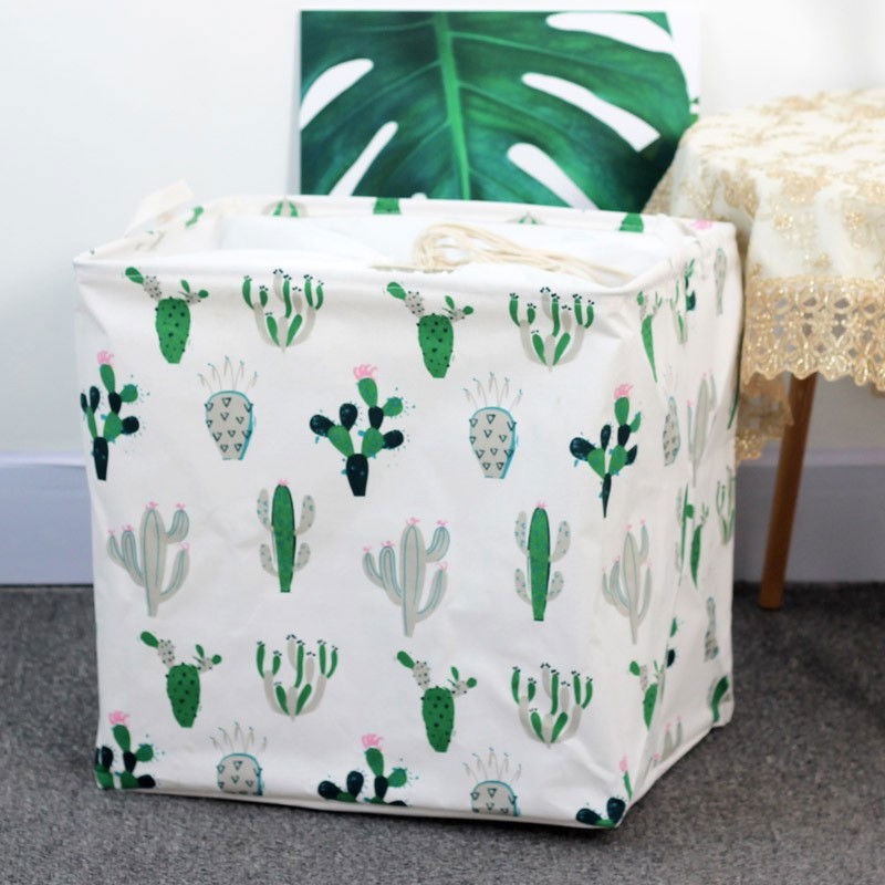 Cos de depozitare pentru rufe, cos pliabil clothbox pentru depozitarea jucarii, haine, cos de haine murdare cu snur, 80 x 50 x 50 cm, model cactus, alb verde [3]
