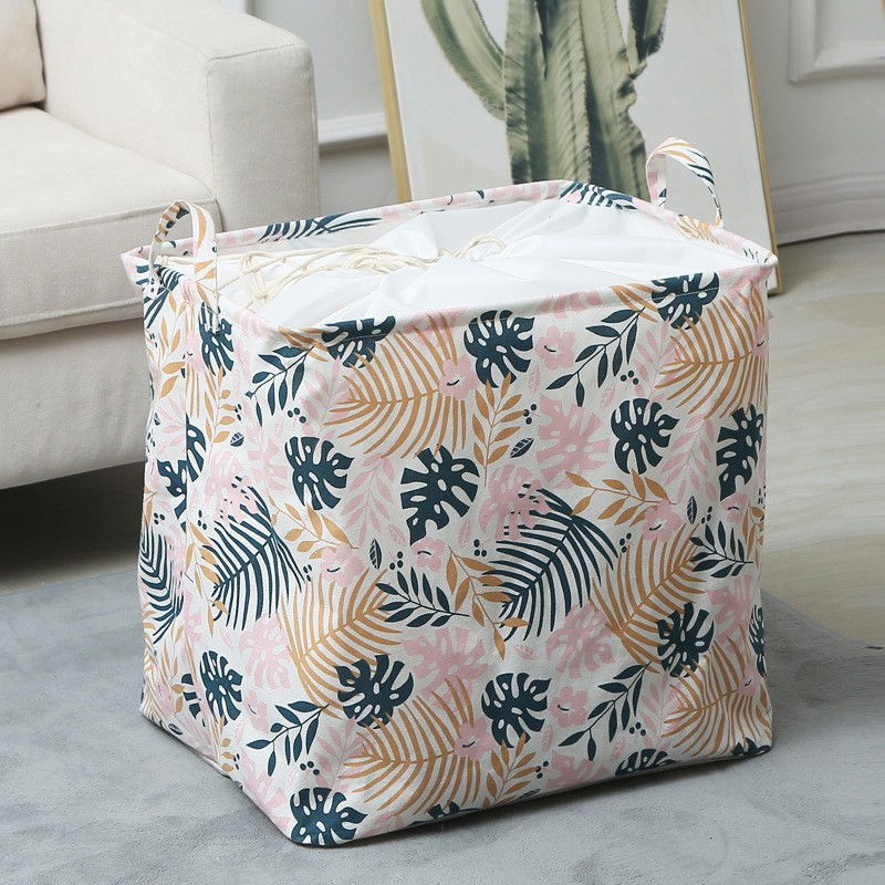 Cos de depozitare pentru rufe, cos pliabil clothbox pentru depozitarea jucarii, haine, cos de haine murdare cu snur, 80 x 50 x 50 cm, model frunze, alb multicolor [2]