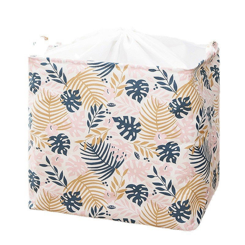 Cos de depozitare pentru rufe, cos pliabil clothbox pentru depozitarea jucarii, haine, cos de haine murdare cu snur, 80 x 50 x 50 cm, model frunze, alb multicolor [3]