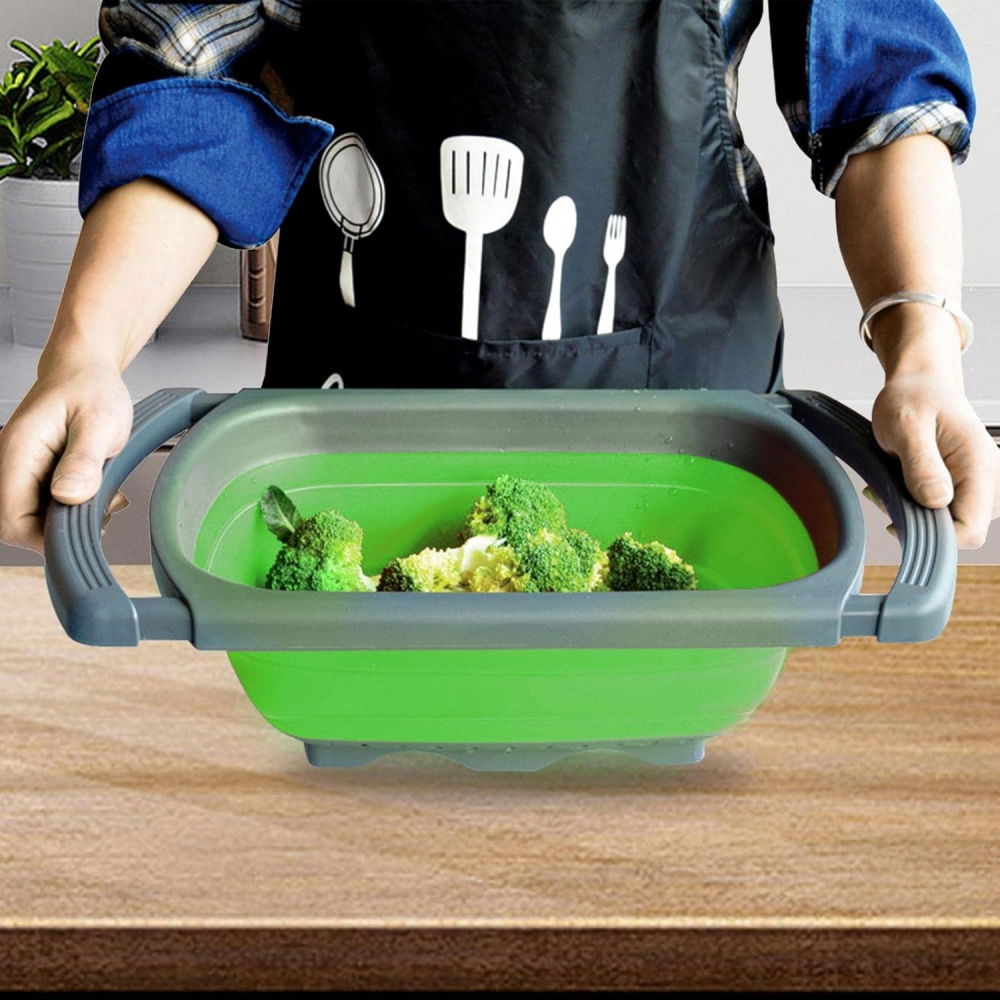 Cos de scurgere retractabil pentru chiuveta, cu filtru, pentru fructe si legume, de uz casnic, 39x12 cm, design extensibil pana la 61 cm, cu manere de prindere, verde [6]
