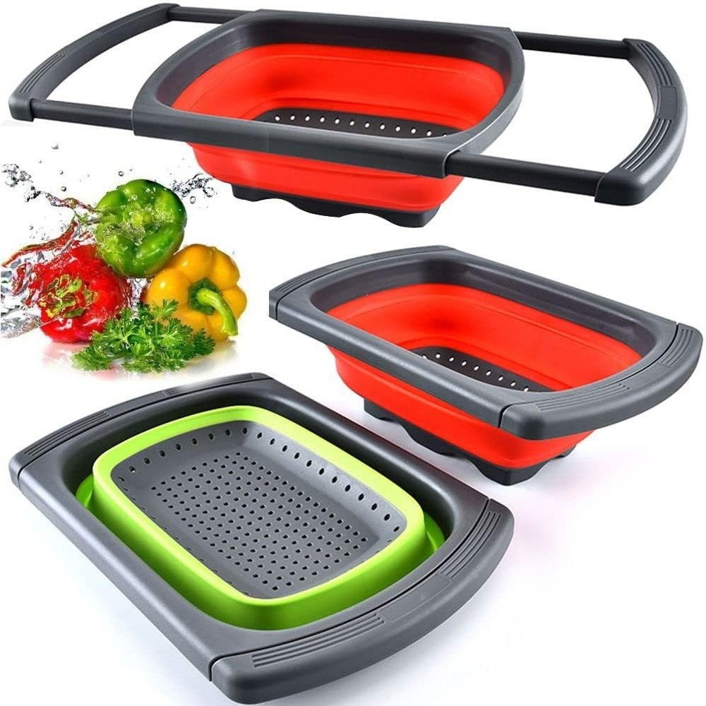 Cos de scurgere retractabil pentru chiuveta, cu filtru, pentru fructe si legume, de uz casnic, 39x12 cm, design extensibil pana la 61 cm, cu manere de prindere, rosu [5]