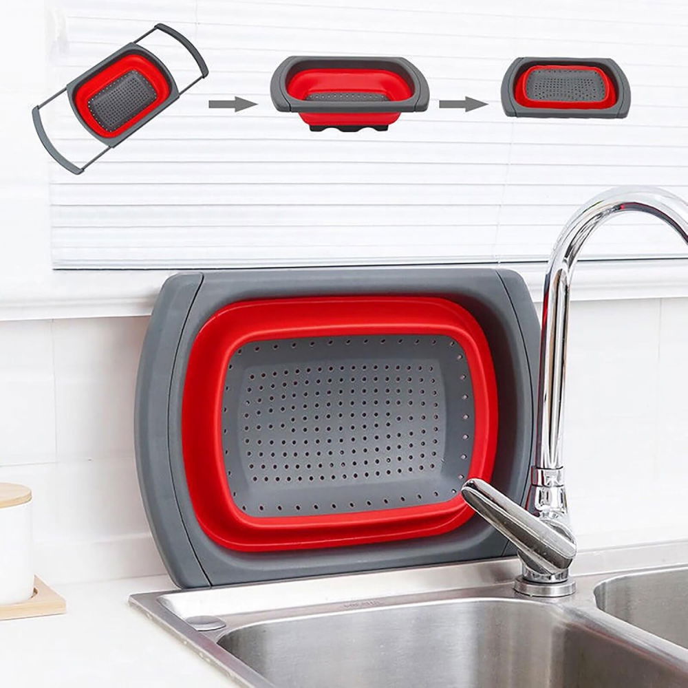 Cos de scurgere retractabil pentru chiuveta, cu filtru, pentru fructe si legume, de uz casnic, 39x12 cm, design extensibil pana la 61 cm, cu manere de prindere, rosu [3]