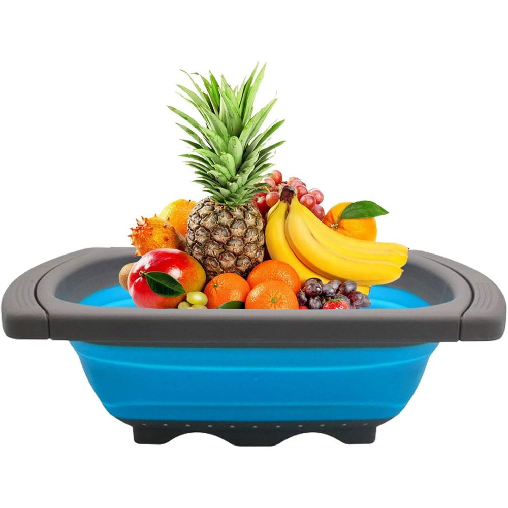 Cos de scurgere retractabil pentru chiuveta, cu filtru, pentru fructe si legume, de uz casnic, 39x12 cm, design extensibil pana la 61 cm, cu manere de prindere, albastru [3]