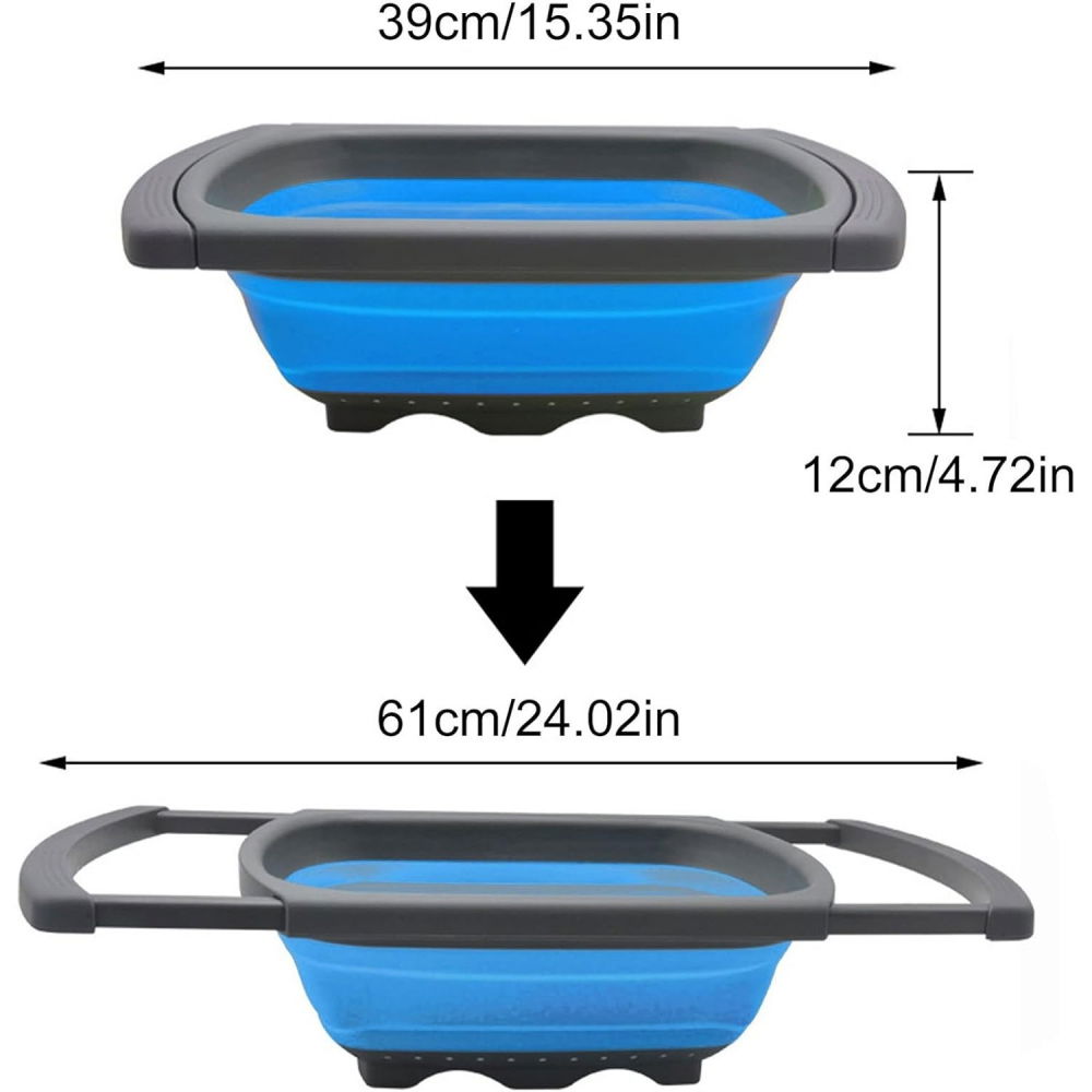 Cos de scurgere retractabil pentru chiuveta, cu filtru, pentru fructe si legume, de uz casnic, 39x12 cm, design extensibil pana la 61 cm, cu manere de prindere, albastru [6]