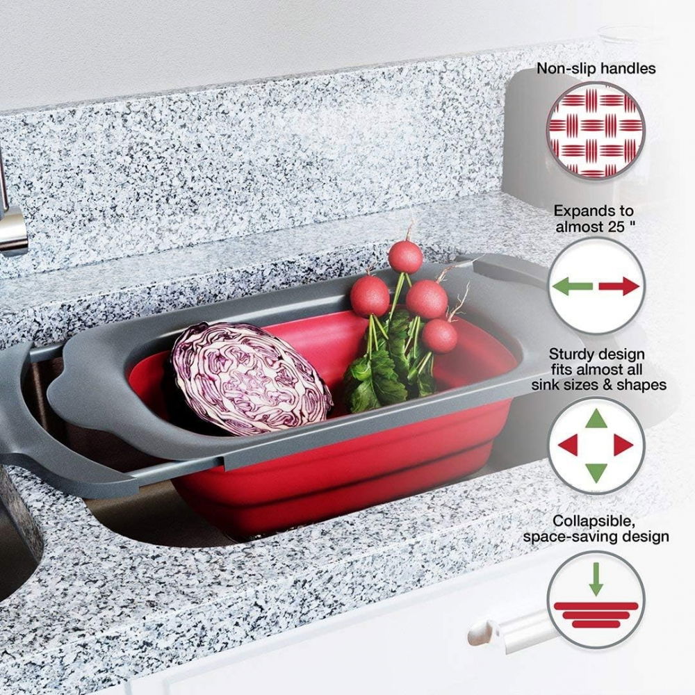 Cos de scurgere retractabil pentru chiuveta, cu filtru, pentru fructe si legume, de uz casnic, 39x12 cm, design extensibil pana la 61 cm, cu manere de prindere, rosu [7]