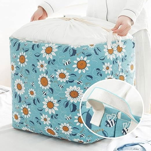 Cos depozitare, capac cu snur, 175 l, confectionat din bumbac si un strat impermeabil, 50 x 50 x 70 cm, albastru deschis, imprimeu flori [5]