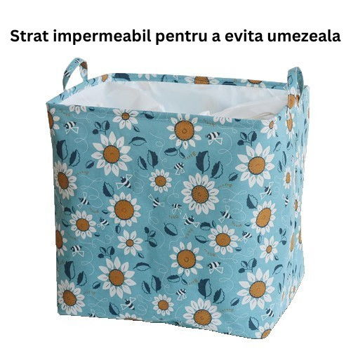 Cos depozitare, capac cu snur, 175 l, confectionat din bumbac si un strat impermeabil, 50 x 50 x 70 cm, albastru deschis, imprimeu flori [7]